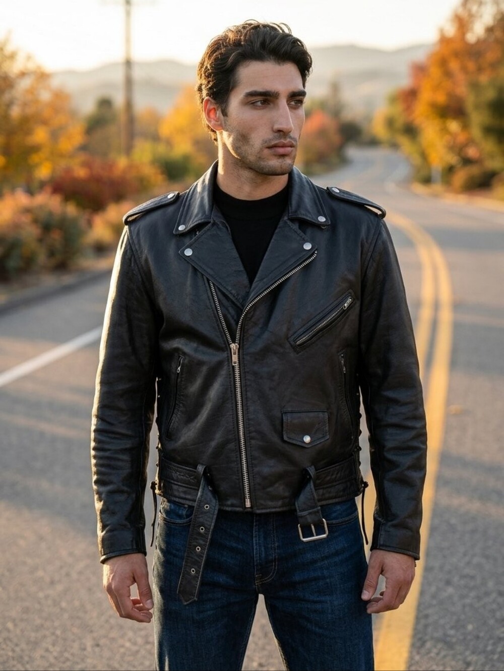 Leather Biker Jacket with Lace-up Sides and Belted Waist